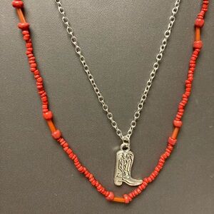 Western Cowboy Boot & Coral Bead Necklaces